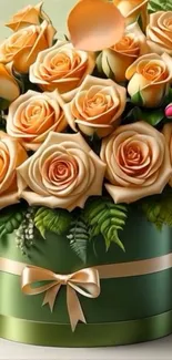 Elegant bouquet of peach roses in a green box.