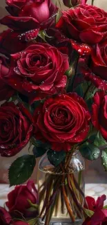 Mobile wallpaper with a bouquet of red roses in a vase.