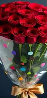 Bouquet of red roses with colorful wrap.