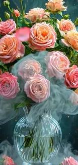 Elegant bouquet of roses in misty vase.