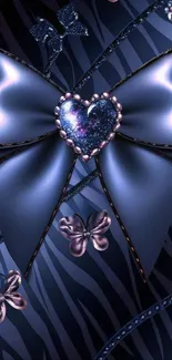 Shiny bow with heart and butterflies on dark wallpaper.