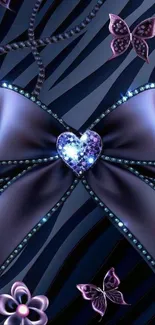 Elegant purple bow with butterfly accents on wallpaper.