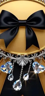 Luxurious gold background with black bow and diamond heart accents.