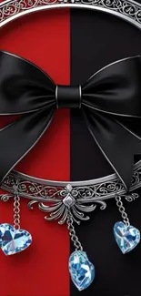 Elegant black bow with blue heart jewels on red background.