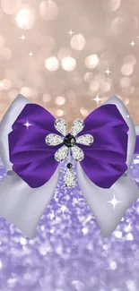 Elegant purple bow with diamond accents on glittery background.