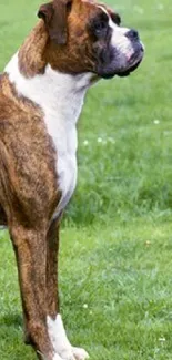 Boxer dog standing on lush green grass wallpaper.