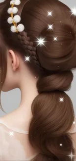 Elegant braided hairstyle with pearls on gray background.