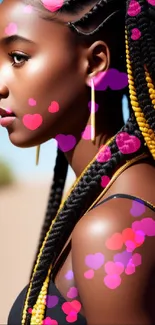 Portrait of a woman with braided hair in vibrant yellow, set against a serene backdrop.