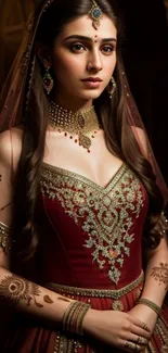 Portrait of a bride in elegant, traditional attire with intricate details.