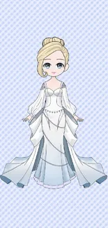 Elegant cartoon bride on blue background wallpaper.