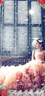 A bride in a pink gown by a window, surrounded by roses.