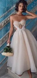 Elegant bridal dress against a vintage blue wall, perfect for stylish mobile wallpaper.