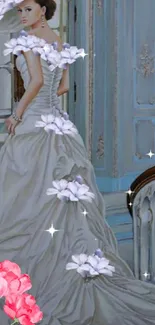 Elegant woman in bridal gown with floral accents in a vintage blue room.