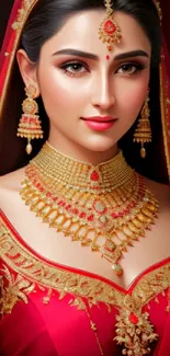 Elegant woman in red bridal attire with gold jewelry and intricate design.