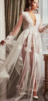 Elegant bridal gown with lace details in a luxurious setting.