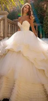 Elegant bridal gown with layered skirt in an outdoor setting.