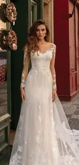 Bridal scene in city with elegant lace dress.