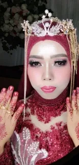 Elegant bride with henna and jeweled crown in maroon attire.