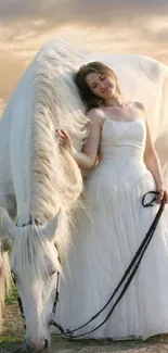 Bride with a white horse at sunset, depicting elegance and tranquility.