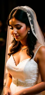 Elegant bride in lace gown with jeweled veil.