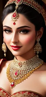 Elegant bridal portrait featuring intricate jewelry and traditional attire.