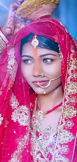 Beautiful bride in red traditional attire with intricate gold details.