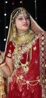 Bride in red saree with jewelry and festive lights.