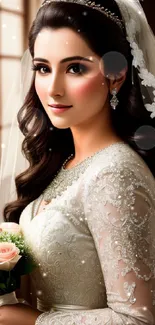 Elegant bride in lace gown with veil, holding a bouquet.