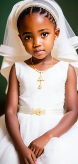 Young girl in a white dress with a veil and gold jewelry, posing elegantly.