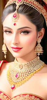 Elegant bridal portrait with ornate jewelry and red attire.