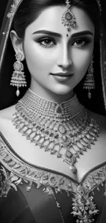 Grayscale bridal portrait with intricate jewelry and elegant traditional attire.