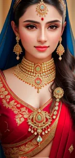 Elegant bridal portrait with rich red sari and gold jewelry.