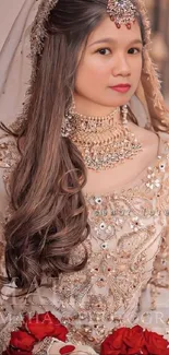 Elegant bridal portrait in ornate attire.