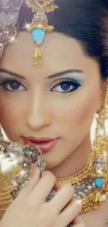 Elegant portrait of a bride in jewelry with blue makeup and golden accents.