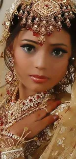 Elegant bridal portrait in gold attire with intricate jewelry.