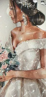 Elegant illustration of a bride with bouquet in soft tones.