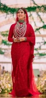 Bridal in vibrant red dress with intricate jewelry on floral pathway.