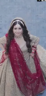 Aerial view of a bride in elegant traditional attire with ornate jewelry.