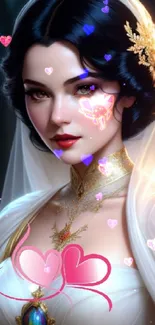 Fantasy art of an elegant bride with dark hair and a white dress.