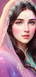 Elegant bride with pastel veil and floral crown in digital artwork.