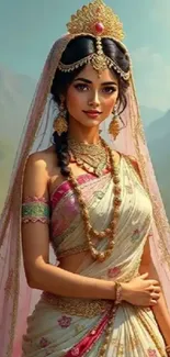 Elegant bride in traditional attire with serene backdrop.