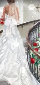 Bride in white gown on elegant staircase with roses.