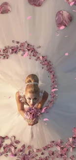 Bride in white gown surrounded by pink petals, top-down view.