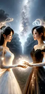 Two brides, one in black and one in white, stand in a mystical glowing forest.