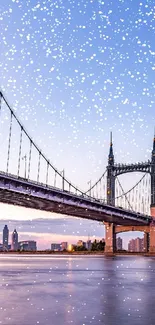 Bridge at dusk with city skyline and water reflections.