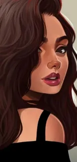 Illustrated portrait of a stylish woman with rich brown hair.