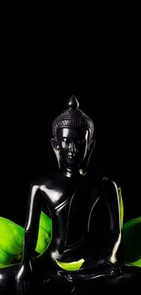 Buddha statue with green leaves on black background