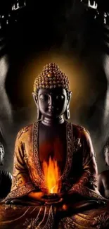 Serene Buddha meditation wallpaper with mystical lighting and warm hues.