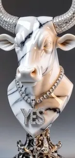 Marble bull sculpture with jeweled necklace.