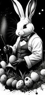 Black and white wallpaper of a rabbit in a tuxedo with Easter eggs.